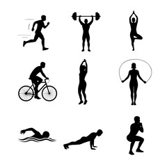 Set Silhouette Fitness Icons Set Featuring Running, Weightlifting, Yoga, Cycling and More for Health and Wellness Stock Use