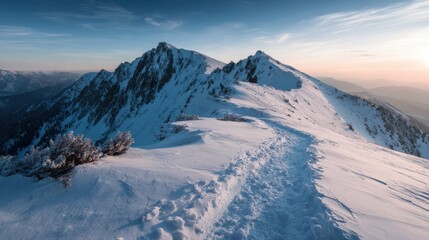 Snowy Mountain Trail at Sunrise in Majestic Mountain Range with Rocky Peaks and Vibrant Sky