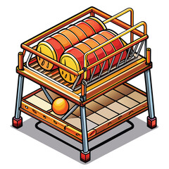 Two-Tiered Orange Rack with Cylindrical Items and Sphere Object, Cartoonish Design with Orange Color Palette and Square Tile Backdrop