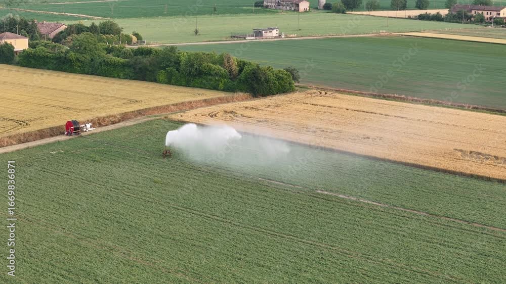 Poster precision agriculture technology spraying automated irrigation system across lush soybean fields in 