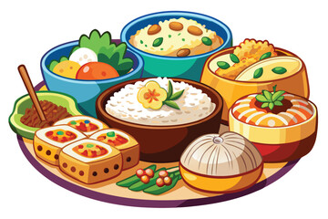 Delicious Asian Cuisine Arrangement A Colorful Display of Flavors and Culinary Delights in Bowls and on a Round Tray