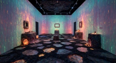 A dimly lit room with colorful projections on walls, black ceiling, and floor featuring large hexagonal tiles, creating a futuristic atmosphere, AI Generated.