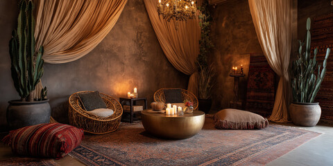 Fototapeta premium Cozy Oriental Lounge With Cushions Wicker Chairs Golden Table And Candles Surrounded By Draped Fabric And Warm Lighting