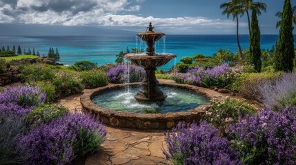 Ocean view fountain, lush gardens