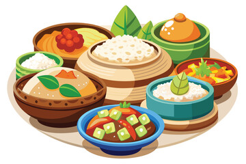 Delicious Asian Cuisine Arrangement A Colorful Display of Flavors and Culinary Delights in Bowls and on a Round Tray