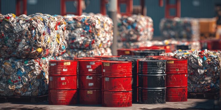 The red barrels stacked beside compressed aluminum bales at a recycling facility