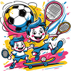 Fototapeta premium Bold thick line cartoon kids sports doodle, soccer ball with face, tennis racket, skateboard, basketball hoop, playful outline illustration 1