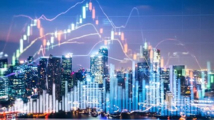Cityscape Financial Analysis: Stock Market Data Overlay - Powered by Adobe
