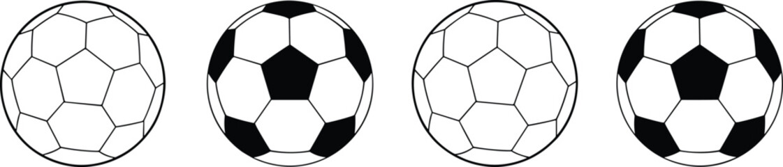 Soccer balls illustration, black and white vector football set, sports equipment icons, isolated pattern design, football template graphics. © Hey this is Tazim