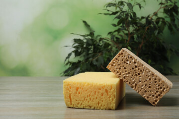 cleaning product, sponge, gloves on a background of green trees
