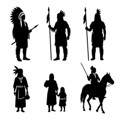 Native American Silhouettes: Silhouettes of indigenous warriors and figures, capturing the essence of Native American culture, depicted in a monochrome style, ready for various design purposes.