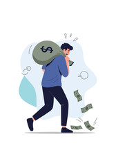 Man carrying heavy money bag feeling the weight of financial burden