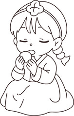 한국 전통 명절 추석을 위해 한복을 입은 어린이들 색칠공부놀이