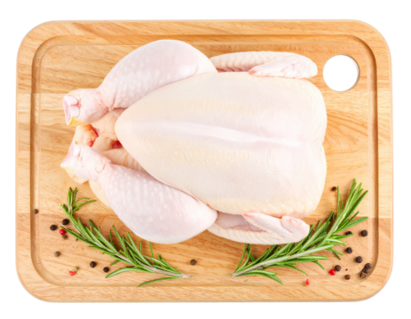 Front View of Raw Whole Chicken on Wooden Cutting Board with Rosemary, isolated PNG