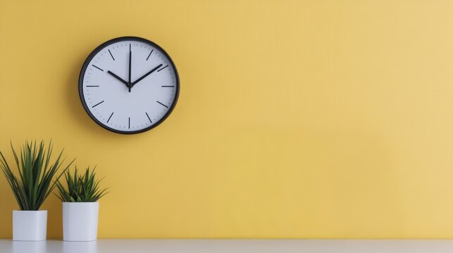 Minimalist clock showing 8 o'clock hanging on a yellow wall with two plants below on a white shelf, ideal for time management concepts