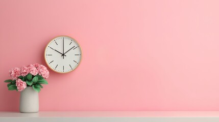 Minimalist interior design with clock and pink flowers on white shelf against pink wall showing time passing by