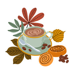 Hand drawn flat vector illustration of a coffee cup with heart foam art and cinnamon buns, surrounded by autumn leaves, beans and Autumn with love text.