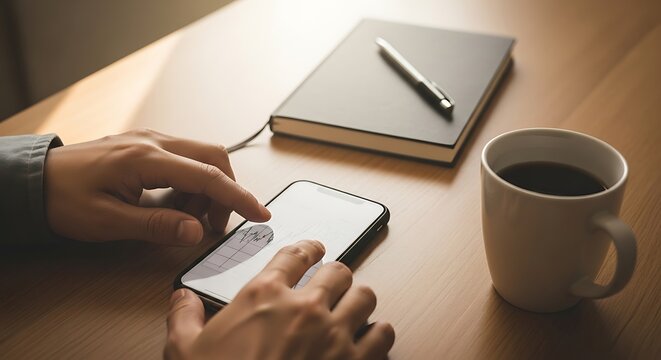 Close-up view of hands interacting with a smartphone displaying financial data, a notebook, and a coffee cup on a light wooden table.
