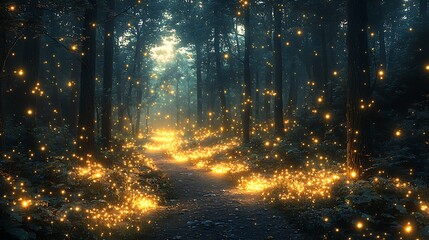 A glowing, enchanted forest at twilight, where the trees shimmer with light, the air thick with magic, and fireflies illuminate the darkening space.