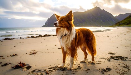 Border Collie Dog on a Sandy Beach at Sunset.