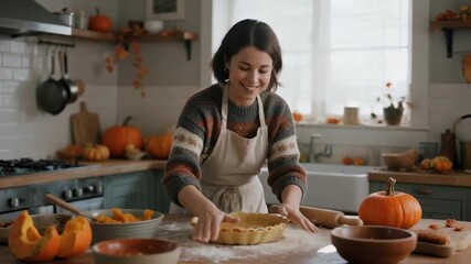 A smiling woman prepares a homemade pumpkin pie in a cozy kitchen decorated for autumn, a warm scene for themes of holiday baking, thanksgiving traditions and family comfort