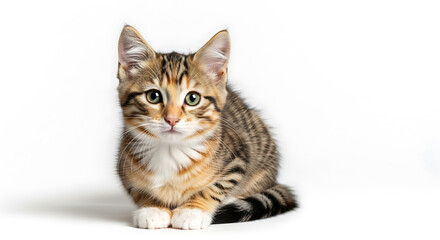 Obraz premium Adorable tabby kitten sitting and looking at the camera isolated on white background with a sweet expression on its face