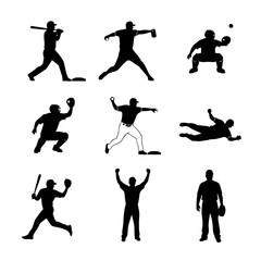 Set of silhouettes of baseball player swinging the bat with different pose