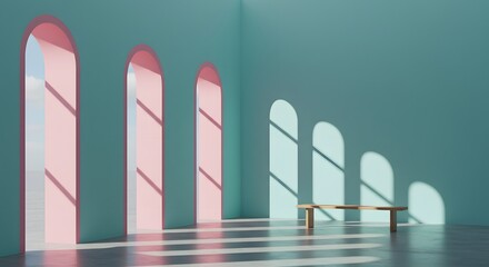 Serene Architectural Space Flooded with Soft Sunlight Casting Arched Window Shadows on the Floor and Wall	