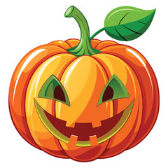 Cartoon Halloween Pumpkin with Sinister Smile and Green Leaves A Festive Illustration of Spooky Autumn Fun