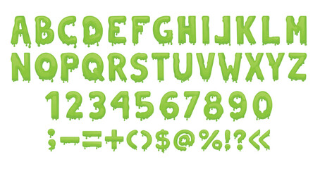Slime letters. Liquid alphabet, numbers and punctuation marks. Isolated green radioactive toxic abc. Halloween letter for decor, banners, posters, neoteric vector set