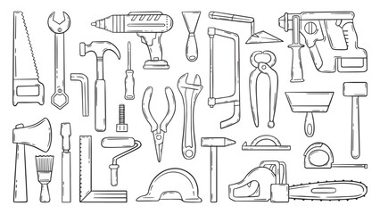 Doodle construction tools. Carpenter tool and equipment. Drill, saw, axe, paint roller, wrench, ruler. Building working elements sketch, neoteric vector clipart