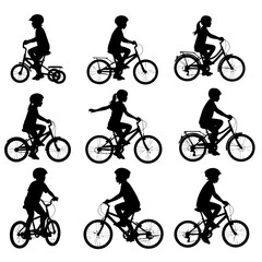 Obraz premium Set of silhouette of children riding bicycle illustration. Toddler play a bike outdoor. 