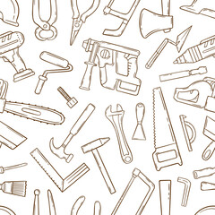 Doodle repair tools pattern. Different sketch carpenter equipment. Construction or building elements. Decorative print neoteric vector background