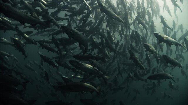Large school of sockeye salmon, still displaying its silver ocean colour, in a cold water river in the Pacific Northwest in Canada,