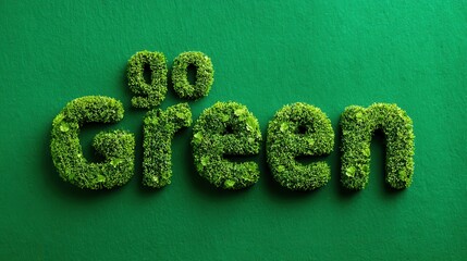 Go green text made of moss and plants on a green background