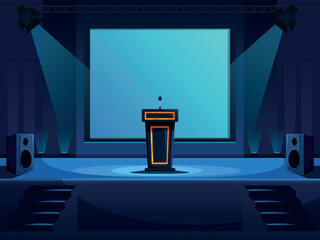 Event conference hall. Tribune with microphone, lights, speakers for sound. Theater, university or show interior with glowing spotlights, sapid vector scene