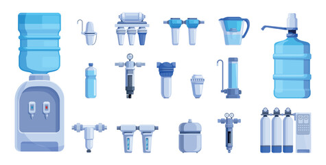 Cartoon water purification tools. Isolated filtering system for home and office. Clean aqua equipment, water filter jar and filtration membrane sapid vector set