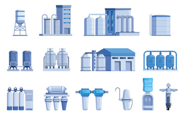 Water purification industry. Factories and filtration aqua engineering system. Cleaning water process, purifying liquids for drink and use, industrial sapid vector icons