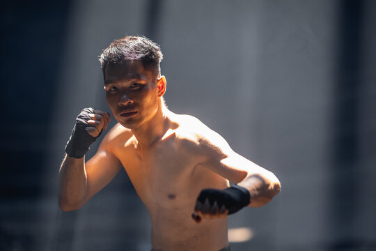 Thai boxing, Portrait muay thai fighter, Young man boxer, kick boxing male ,Asian martial arts