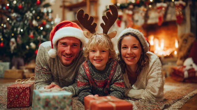 Parents and son with Santa Claus hat in front of Christmas tree at home during winter time - Family, Xmas and holiday concept - Models by AI generative