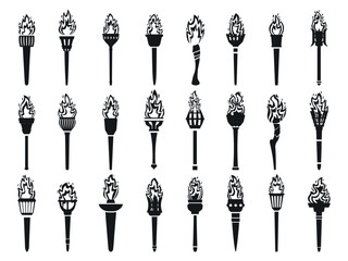 Black torch silhouettes. Different torches, torchlight for interior light. Worldwide olympic sport symbol, burning fire on sticks. Isolated sapid vector set