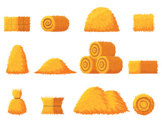 Cartoon hay collection. Yellow dry grass in bales, haystacks shapes. Agriculture countryside and village landscape elements, harvest sapid vector set