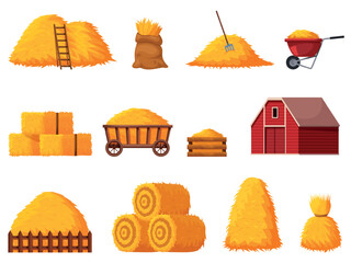 Hay piles and biles. Different farming agriculture elements, harvest time. Farm tools, red barn and cart for haystacks. Dry grass in sack, sapid vector clipart