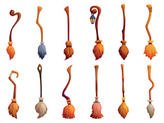 Cartoon witch brooms. Witches broom with wooden sticks, magic halloween accessories. Household tools old style, decorative wizard sapid vector set