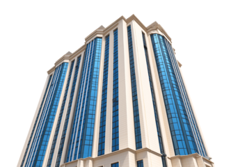 Modern high-rise building with striking blue glass windows against a sleek isolated on a transparent background