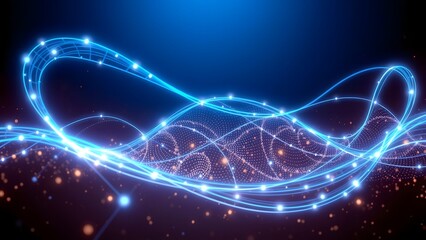 Dynamic abstract blue light trails forming a digital network or data flow.