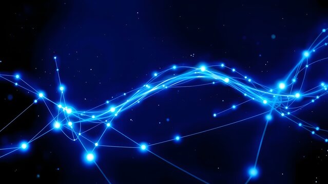 Dynamic blue lines and glowing dots forming a futuristic digital network. - Powered by Adobe