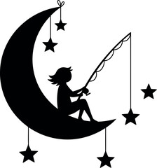 Dreamy child fishing stars from crescent moon silhouette vector © Vector World