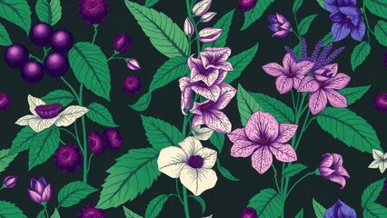 Botanical floral artwork with purple blossoms