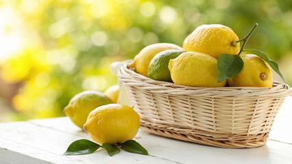 Lemons in basket on white surface in natural warm sunlight background